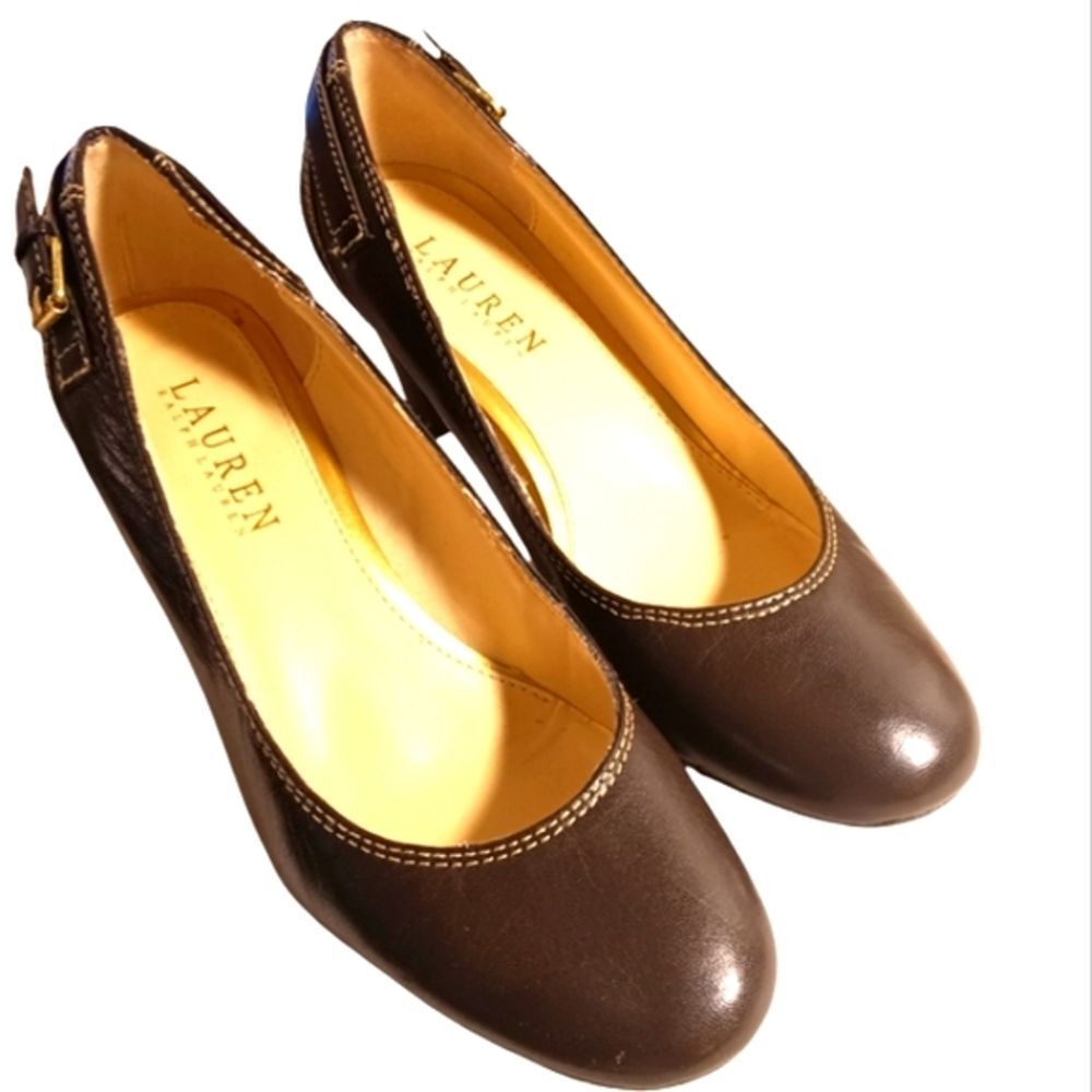 Lauren Ralph Lauren Dark Brown Leather Round Toe Slip On Kitten Heel Pump 6.5 - Picture 2 of 9